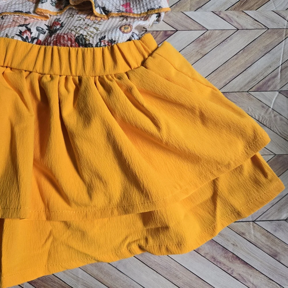 Girls Boho Floral Ruffle Outfit Set Mustard Tiered Skirt & Matching Bow Headband